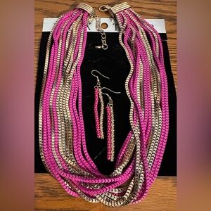 Pink and Gold Multi-Strand Metal Box Chain Necklace and Earring Set